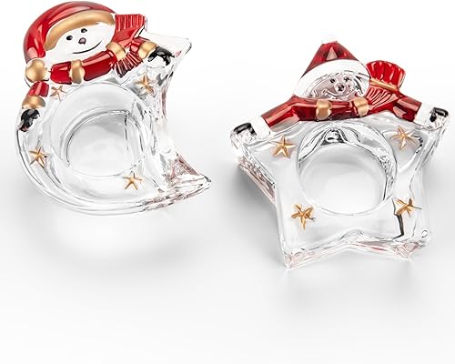Juego de 2 portavelas de candelita de Navidad, diseño de estrella de luna, velas votivas transparentes, juego de 2, portavelas de cristal para