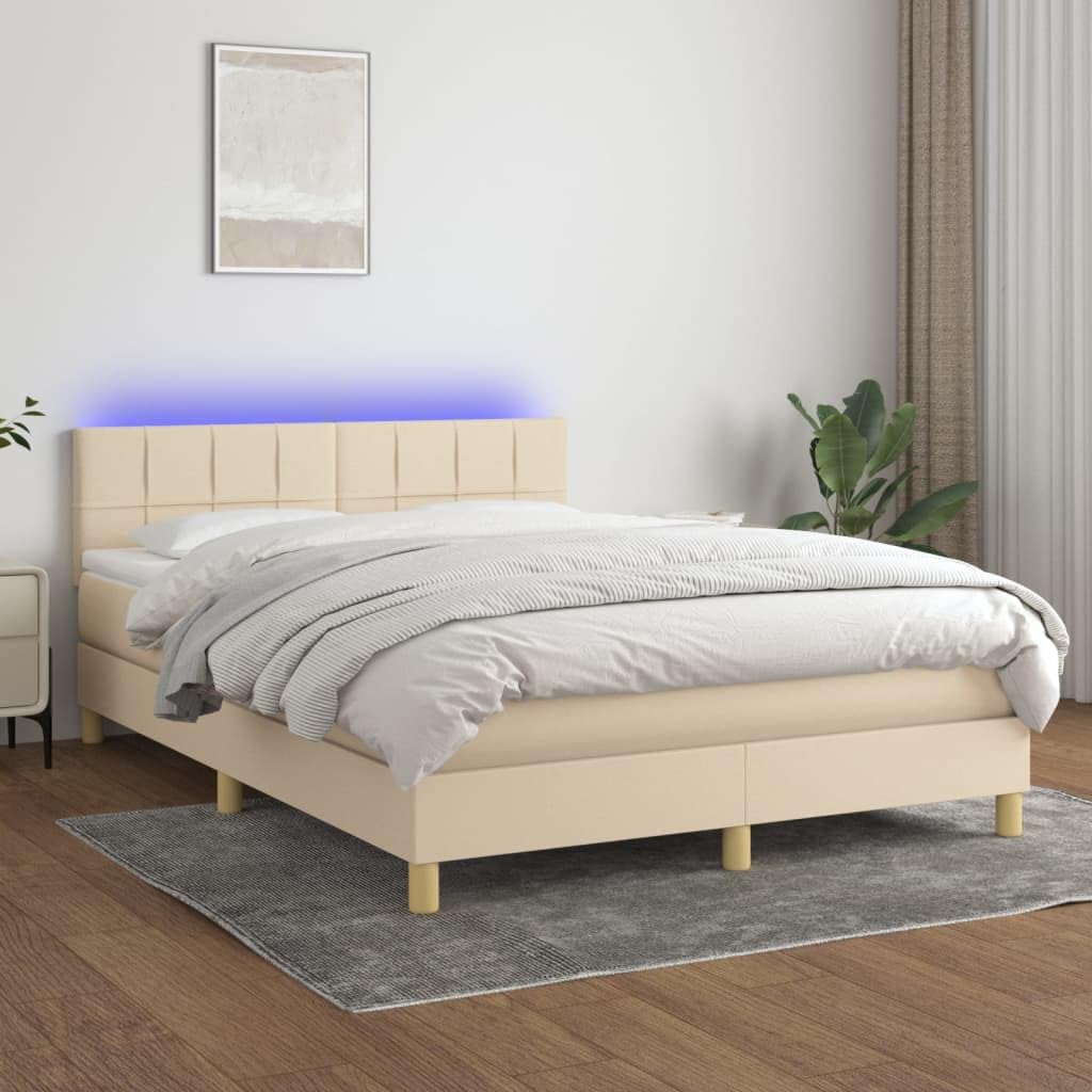 Tkanina oddychająca z regulowanym zagłówkiem LED kremowy 140x200 cm | Łóżko kontynentalne z materacem 140x200 kremowe z LED i zagłówkiem, tkanina, nowoczesne do sypialni