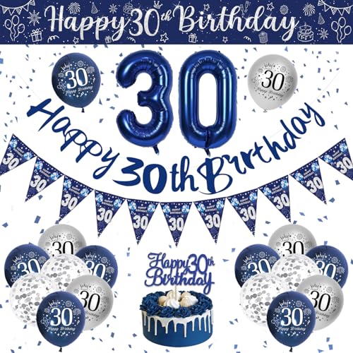 30th Birthday Decorations Men Blue and Silver Happy Birthday Banner Navy Blue and Sliver 30th Birthday Balloons Confetti Balloons 30th Party Decorations for Men Party Supplies