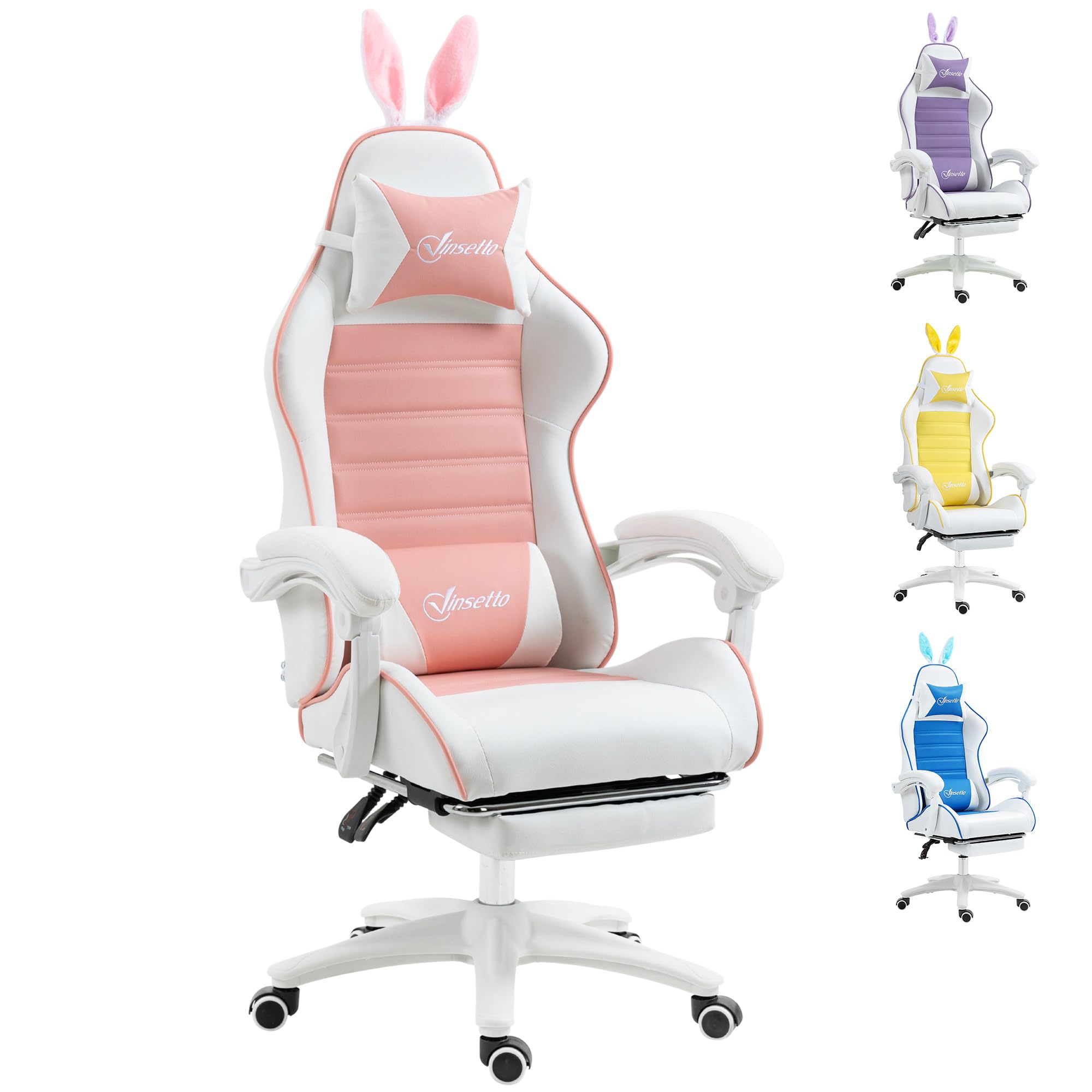 Racing Gaming Chair, Reclining PU Leather Computer Chair with Removable Rabbit Ears, Footrest, Headrest and Lumber Support, Pink