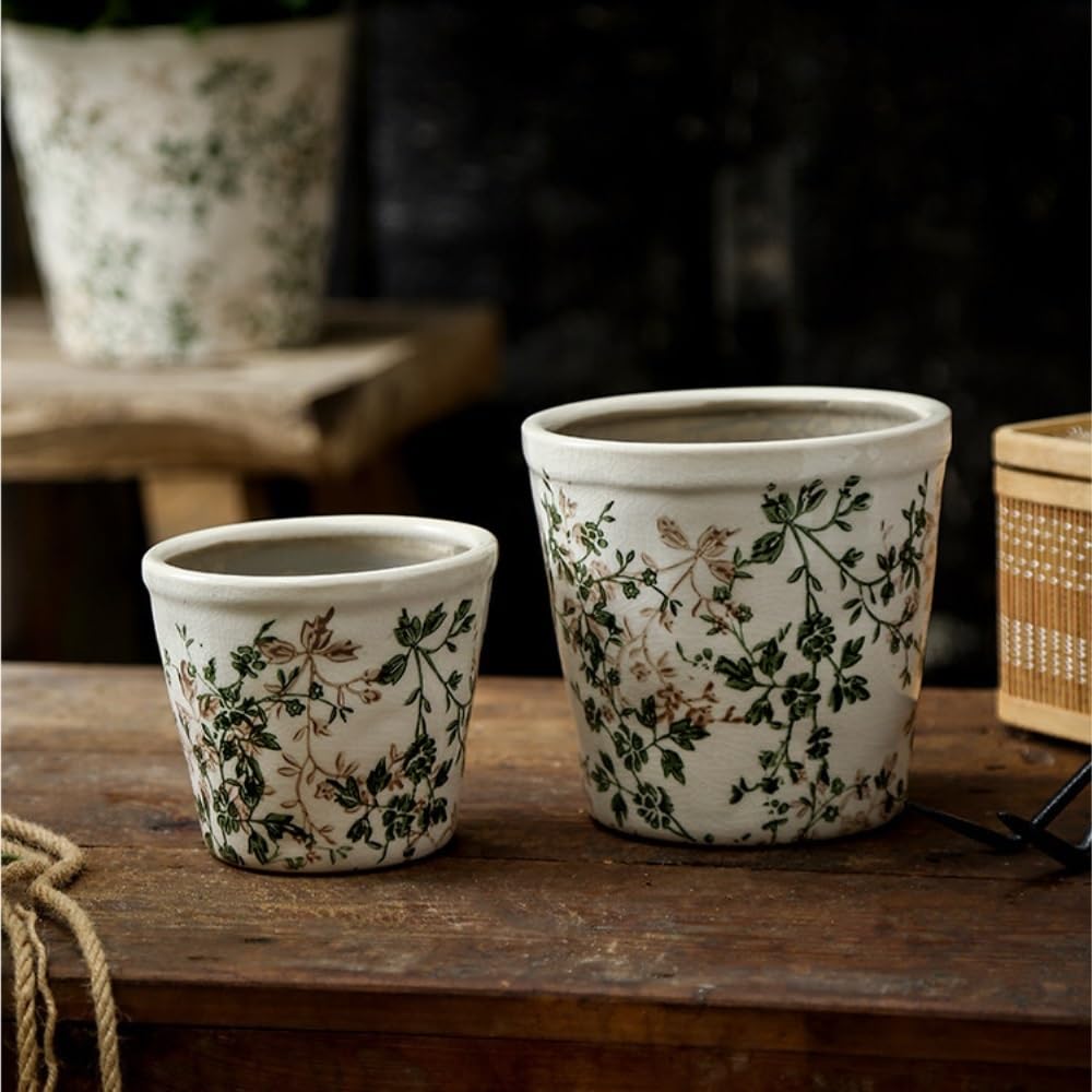 Fioriera in ceramica con vassoio in plastica con foro di drenaggio, vaso for piante da interno/esterno(Large)