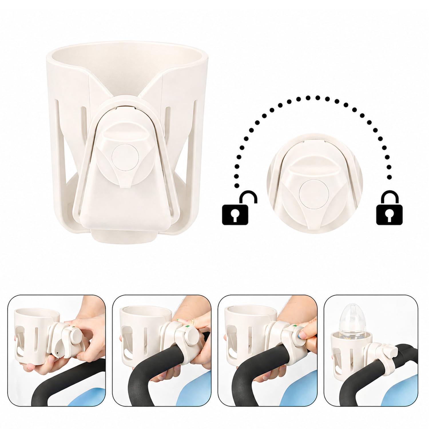 Nouveau porte-gobelet compatible avec Mompush. Un ajustement solide et super sécurisé. Rotation à 360 degrés. Anti-secousses et anti-déversement Blanc amande