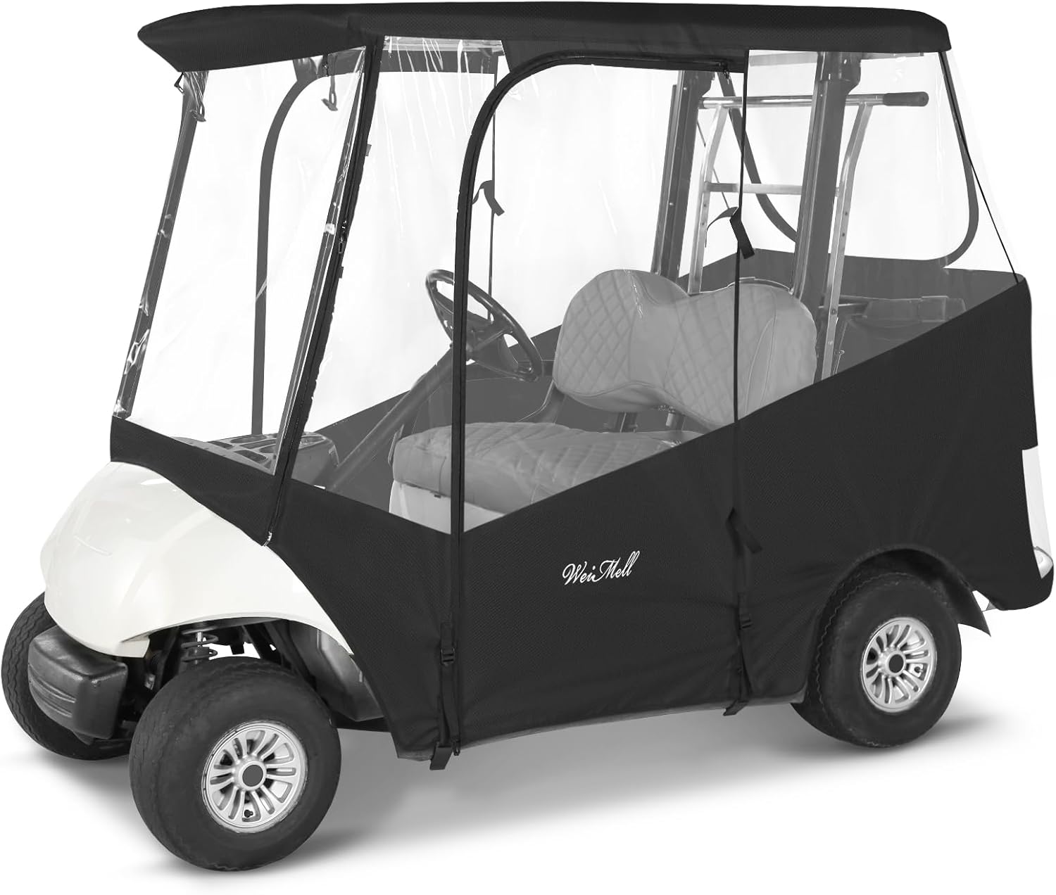 Golf Cart Enclosure 2 Passenger for Yamaha G29 Drive 1-2 600D Waterproof Windproof Driving Rain Cover Fit 2-Seater Short Roof with 4-Sided Clear Windows Mirror Openings Roll-up Zipper Door Black