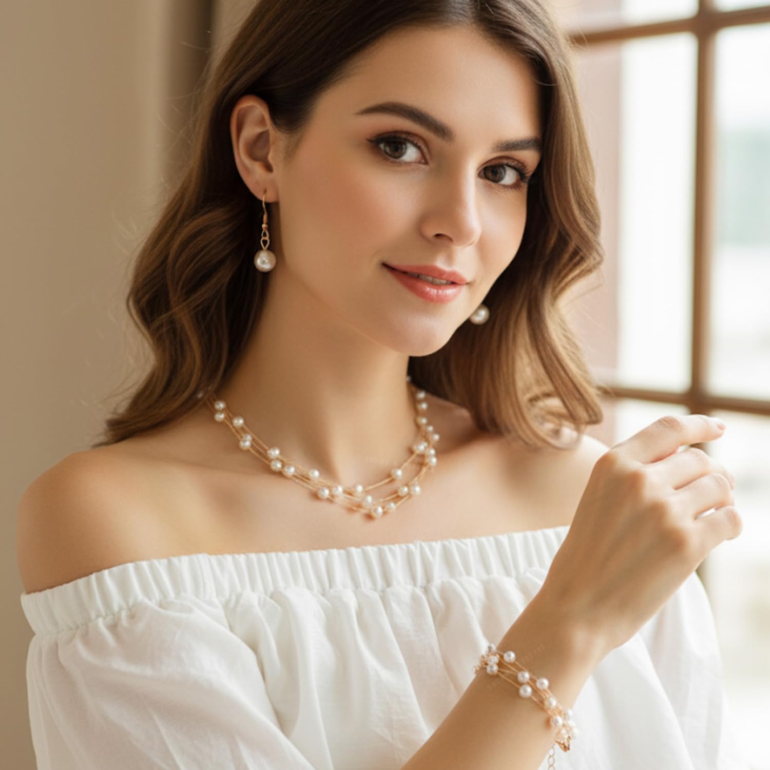 Young & Forever Elegant Pearl Jewelry Set with Multi-Layered Necklace, Bracelet and Drop Earrings, Gold-Toned