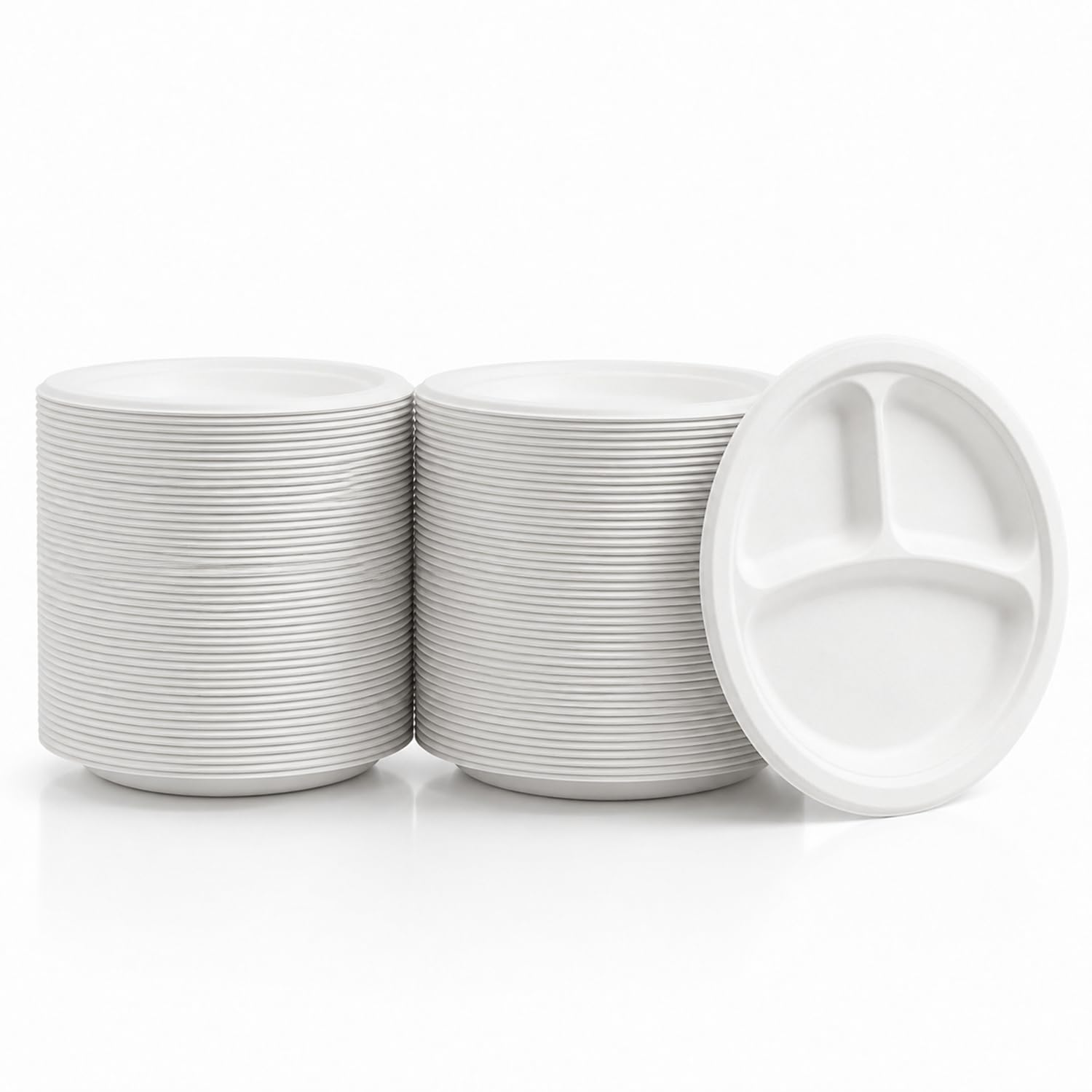 Bonkaso 3 Compartment Bagasse Round Meal Tray 10 Inch Pack of 100 | Disposable Sugarcane Plates | Eco-Friendly, Compostable & Plastic-Free | Heavy Duty, Microwave Safe Party, Catering & Meal Plates