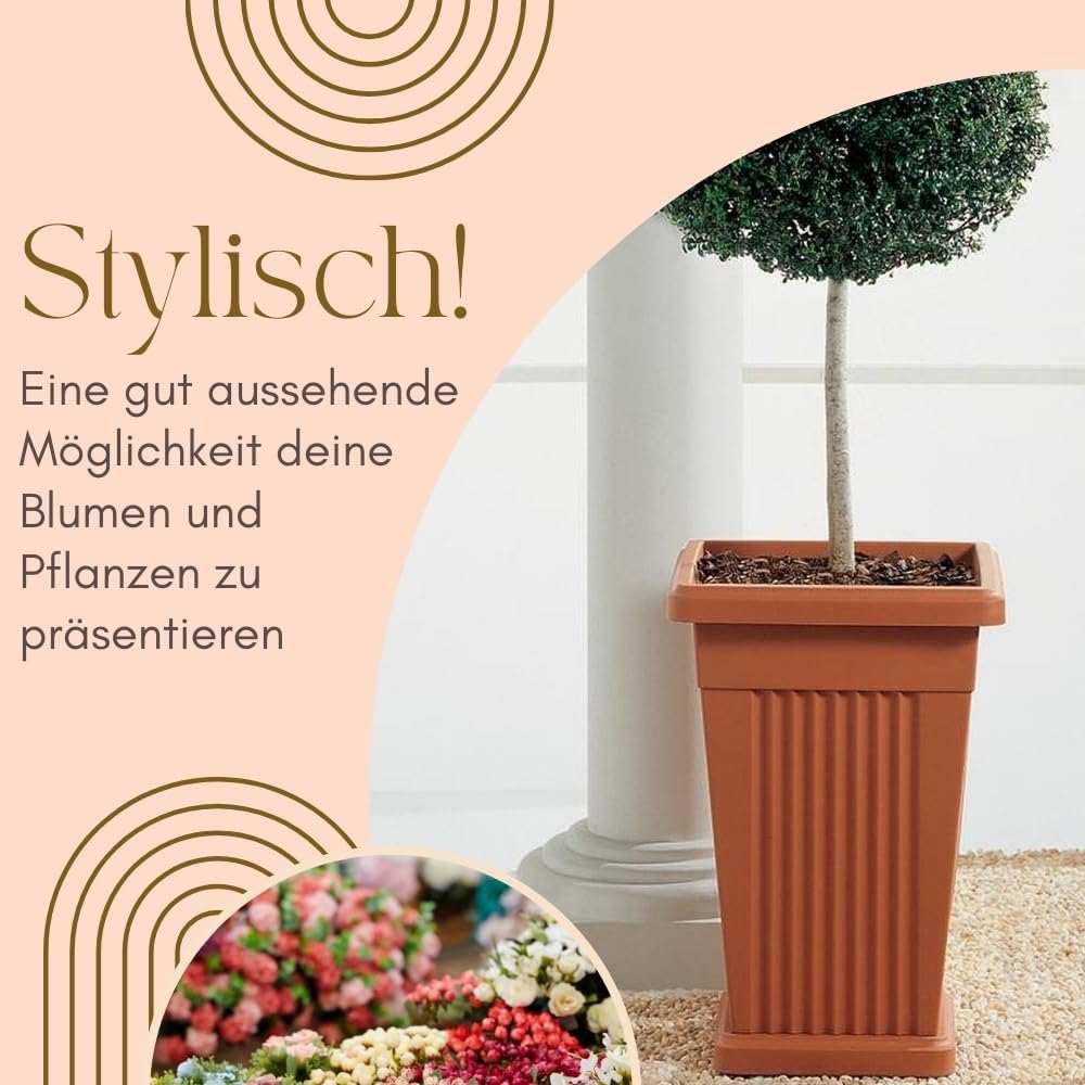GarPet 2er Set Pflanzkübel Pyramide Pflanzkübel Groß Außen Blumenkübel Outdoor Pflanztopf Pflanzkasten Blumentopf mit Untersetzer Rechteckig 50 Terrakotta