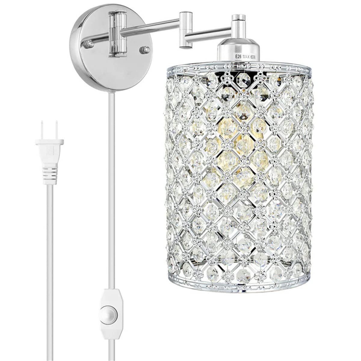 YKMYXZ wall Lights， Metal Round lampshade Dimmable Crystal Base Wall Lights Industrial Swing Arm Sconce for Plug-in lamp