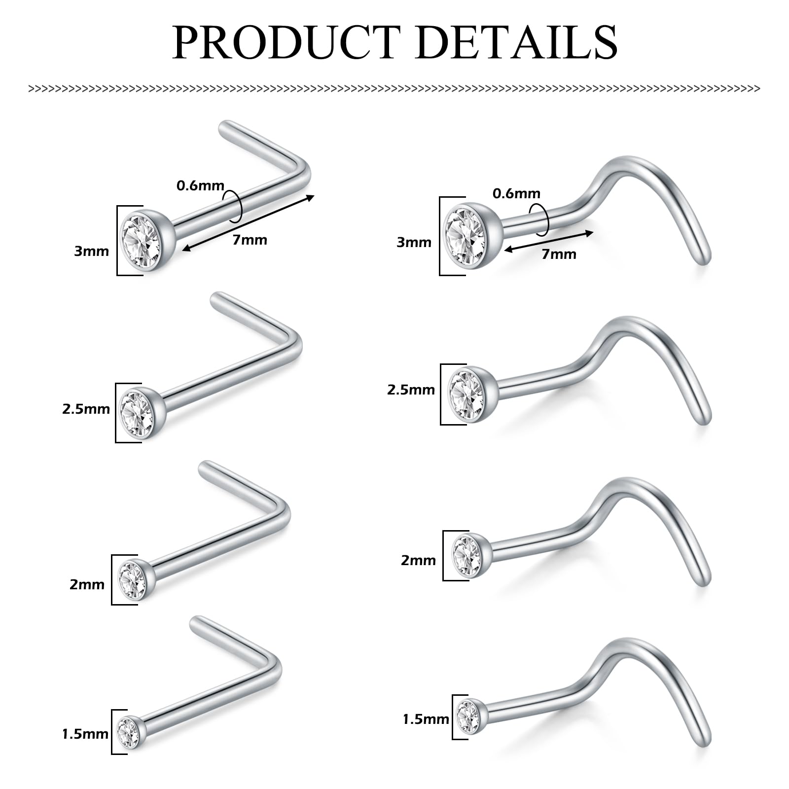 AceFun Nose Studs, L Shaped Stainless Steel Diamond Small Nose Rings for Women and Men — view 2