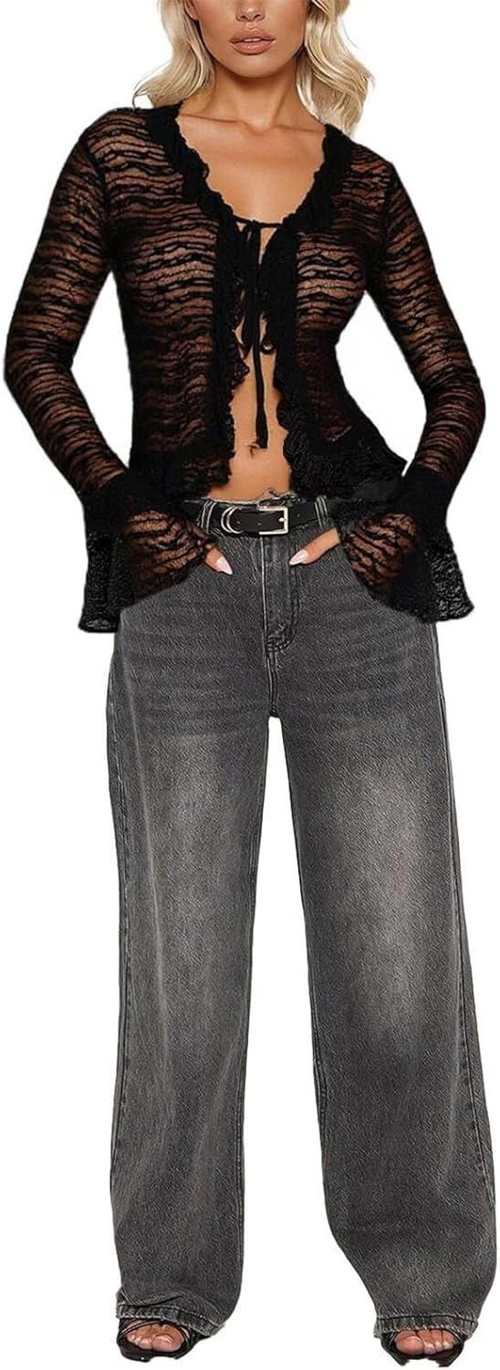 Women's Y2K Tie Front Cardigan Textured Lettuce Trim Long Sleeve Sheer Shrug Top Cover Ups - Image 3