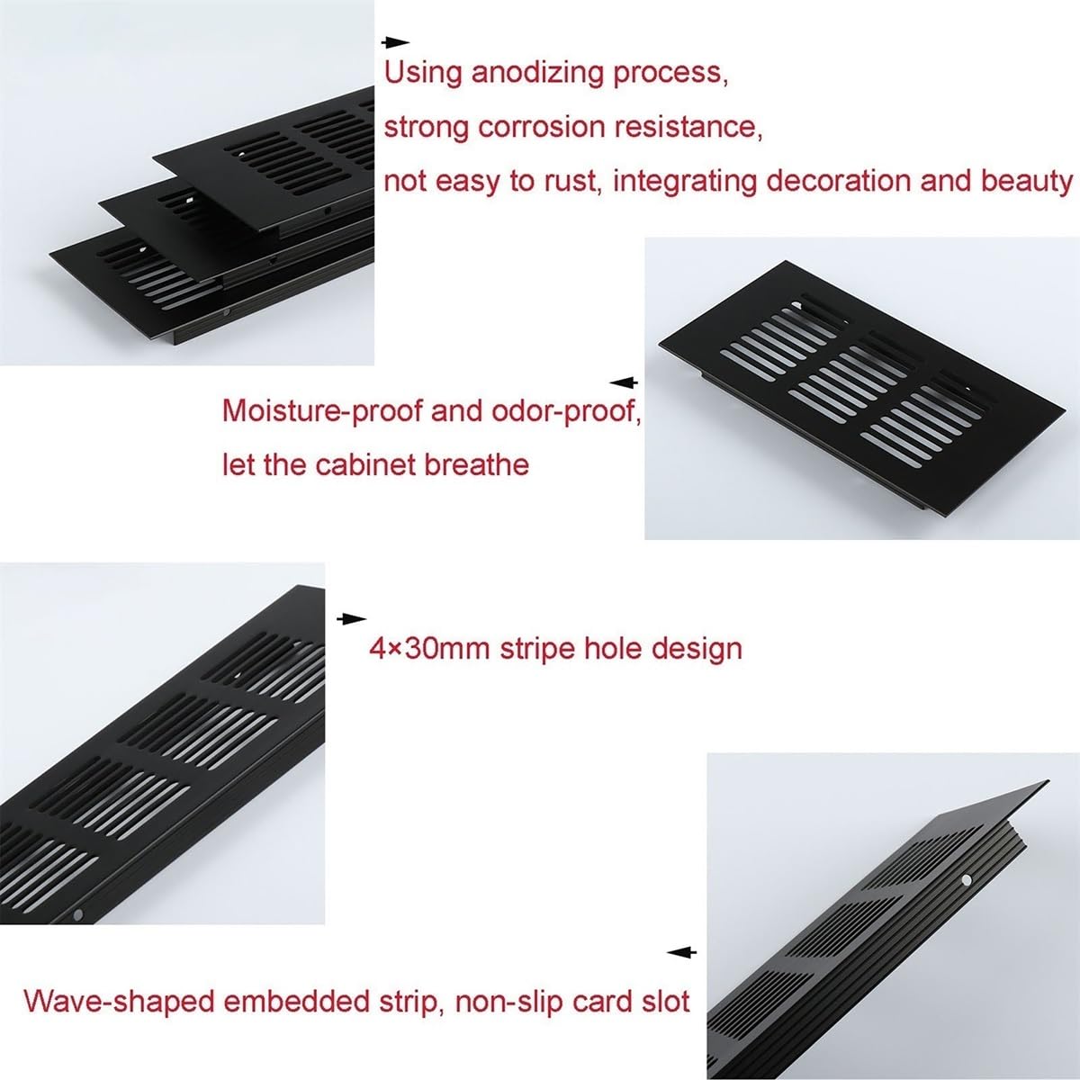 Copertura della griglia di ventilazione rettangolare in lega alluminio | Confezione da 2 misure multiple: for armadi, armadi, armadi e porte(80x250mm)