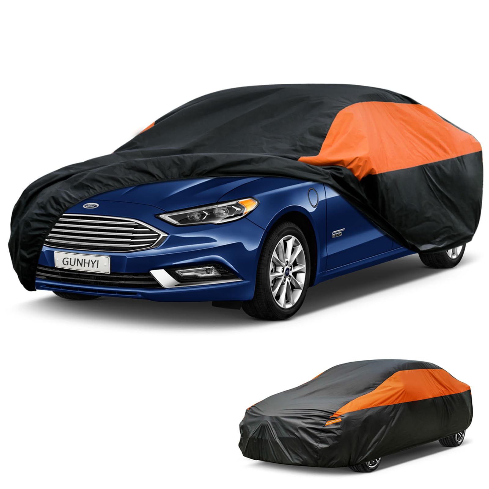 GUNHYI Waterproof Lightweight Sedan Full Car Cover Custom Fit Ford Fusion | All‑weather Outdoor sun/rain/dust/snow/wind/UV protection, breathable tear‑resistant fabric, black‑orange design,storage bag