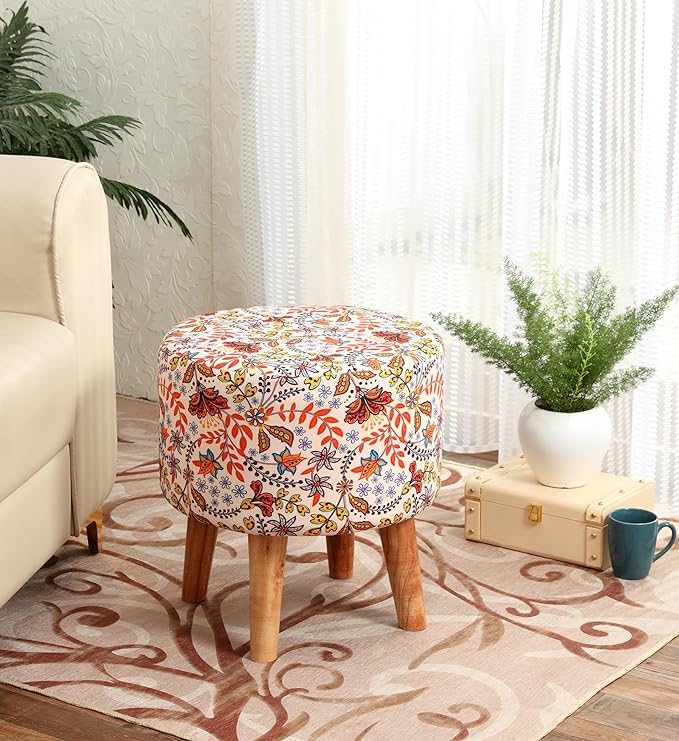 Image of NACIA Printed Ottoman Stools for Home Printed Ottoman Stool Set of 2 Bench for Living Room for Sitting Wooden Round Foot Rest Pouf for Home Decoration Pouffes for Dressing Table 16 inchx18 inch Pink Leaf