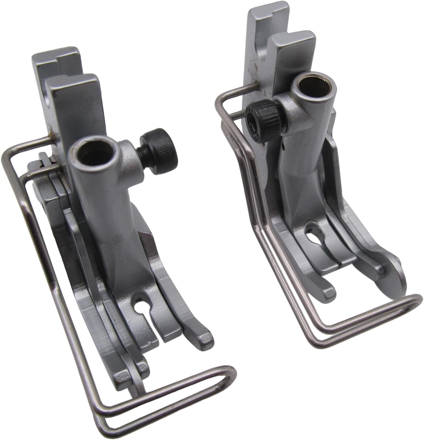 Two CKPSMS Left and Right Side Edge Guide Presser Feet, silver-colored metal with adjustable screws, shown from a slightly elevated angle.