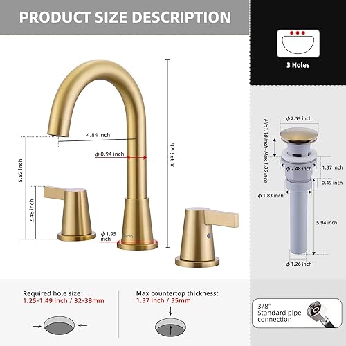 Miniatura 6 de NEWATER Grifo de baño de oro cepillado con 2 manijas de oro generalizado, grifo de lavabo de 3 agujeros con ensamblaje de drenaje emergente y líneas
