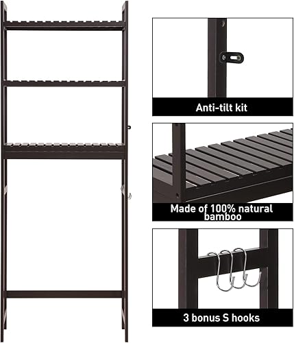 Miniatura 6 de HITOMEN Armario de almacenamiento sobre el inodoro, estante ajustable de bambú de 3 niveles sobre el inodoro, organizador estable independiente