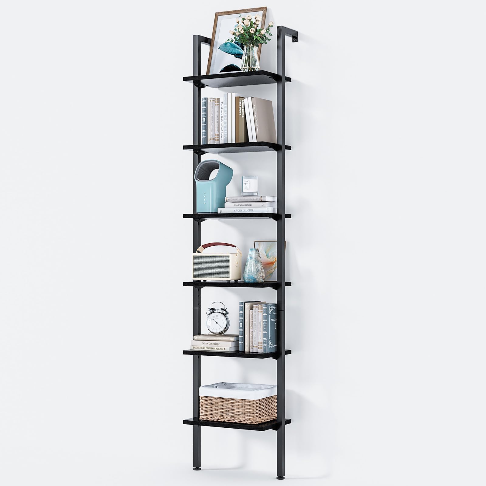 ODK 6-Tier Ladder Shelf, Book Shelf with Metal Frame, Bookcase for Living Room, Home Office, Kitchen & Bedroom, Space Saving Freestanding Organizer Rack, Black (10" D x 24" W x 87" H)
