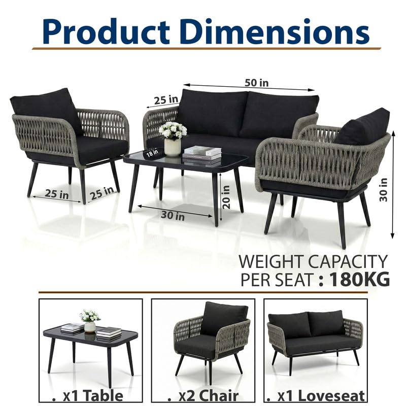 Image of OUTLIVING Outdoor Sofa Set || Balcony Sofa || Patio Furniture Sets | Conversation Sets | Braid & Rope Garden Seater Sofa Set and Center Table (4 Seater Black-Grey)