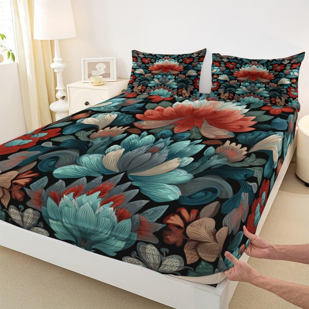 Sábana Bajera Ajustable Elástica 200x200 cm Tradicional Estampados Florales ArtíSticos Transpirable Suave Microfibra Juego de Ropa de Cama Multicolor Bolsillo Profundo 30 cm, Protector de Colchón