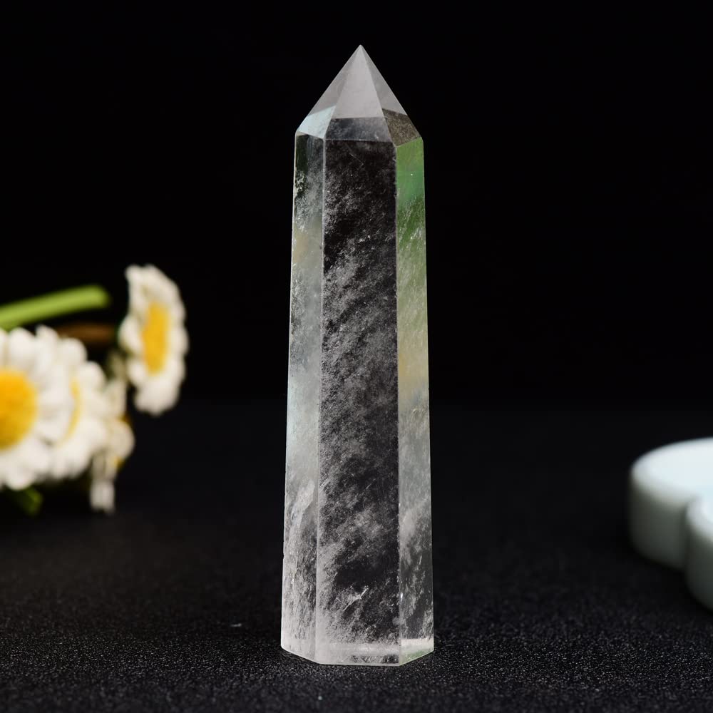 WUYOUSHI1Pc Natural Clear Quartz Crystal Tower 3.6-4.3" Healing Crystal Wand 6 Faceted Chakra Reiki Meditation Therapy
