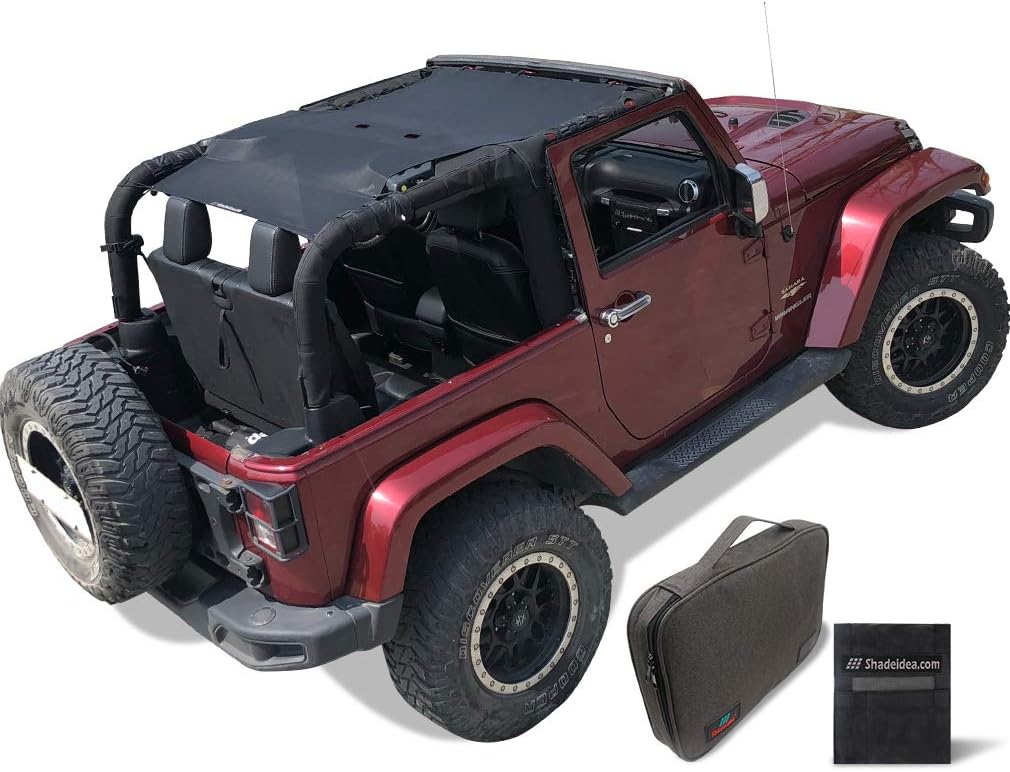 Shadeidea JK Sun Shade Top Compatible with Jeep Wrangler JKU Top Sunshade Soft Mesh Roof Cover (2007-2018)- Wind Noise UV Blocker -10 Year Warranty -2 Door -Black -Front&Rear (1 Piece)