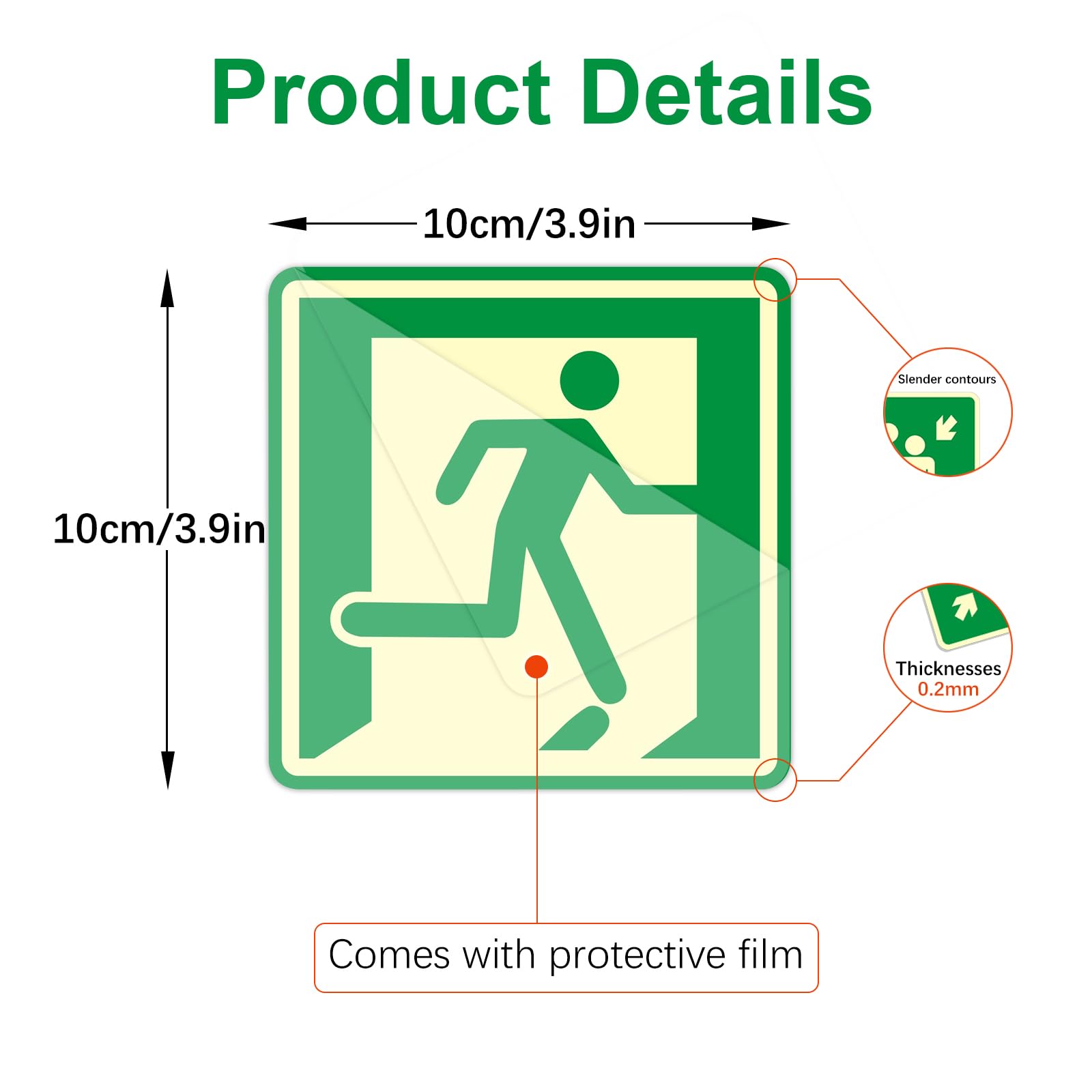 Andchi 8pcs Exit Safety Signs 4 Couple of Exit Sign, Aluminium Luminous Signage Glow-in-the-dark signs (Green, 10 * 10cm) - Image 3