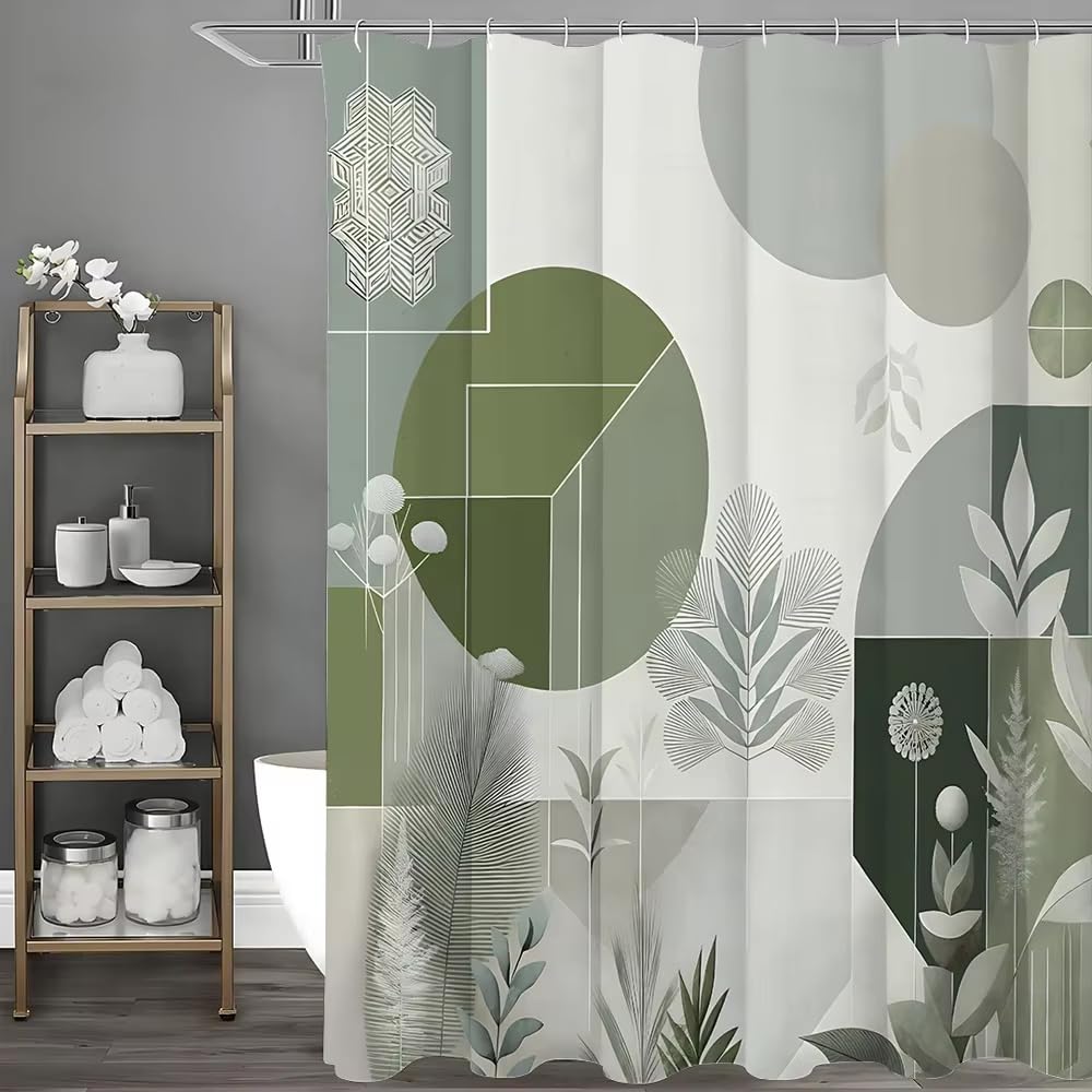 KELAIMI Green Botanical Geometric Shower Curtain,Simple Aesthetic Plant Bathroom Curtains with Hooks,Waterproof Quick-Dry Bathtub Curtains Green 90X180Cm