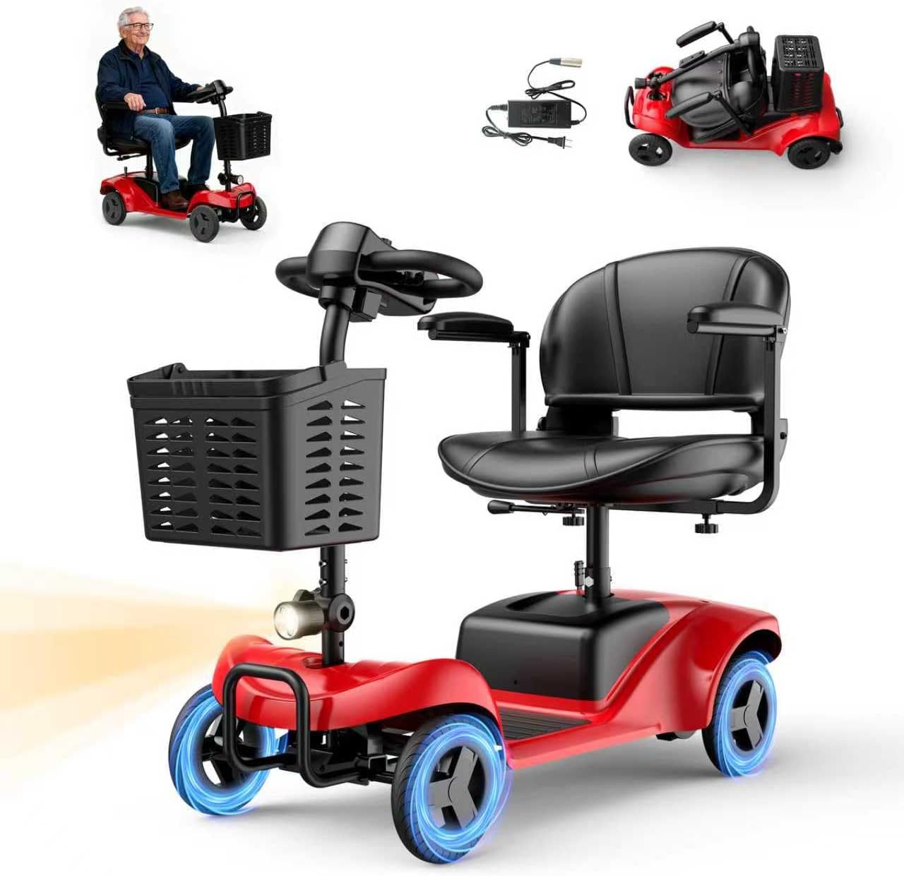 Mobility Scooter for Adults,4 Wheel Mobility Scooter,15 Miles Range,300WHBattery,300LBS Capacity,Lightweight andPortable,with LED Headlights andBasket,Charger Included（Red）