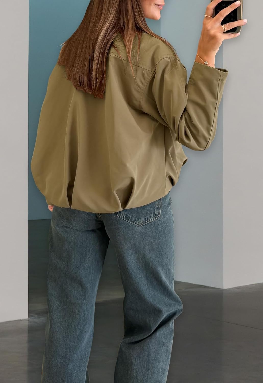 Women's Casual Bomber Jacket Round Neckline Long Sleeve Pockets Gathered Hem Coat - Image 4