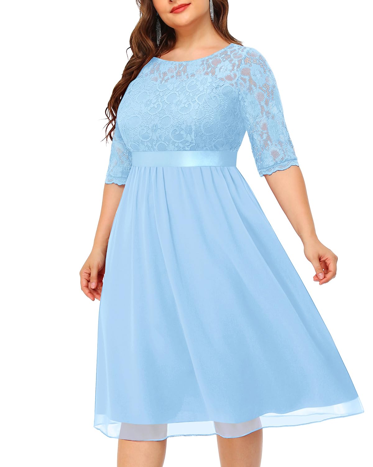 Plus Size Wedding Guest Dresses Women Cocktail Lace Chiffon Midi Dress | Lace top, chiffon midi skirt, half sleeves, high waist, elegant cocktail party, formal evening wear, soft lined fabric