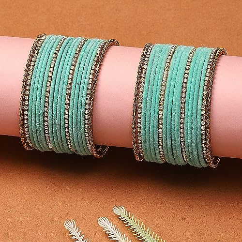 Gold-Plated Velvet American Diamonds Studded Bangles Set Of 36 (Turquoise Blue)