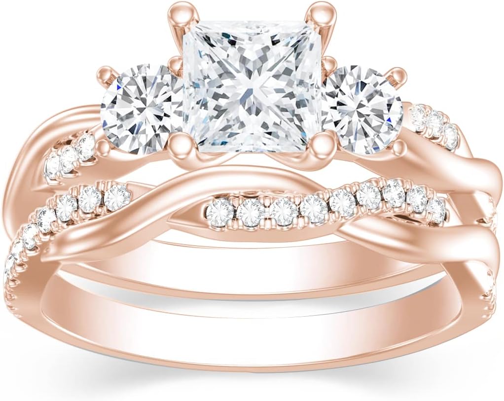 1.46 Carat (ctw) 3 Stone Princess-Cut Twisted Moissanite/Lab-Grown Diamond Bridal Sets Wedding Engagement Ring Sets for Women, White Gold Twisted Wedding Ring Set, Customizable 10K Gold/14K Gold/18K Gold/925 Sterling Silver