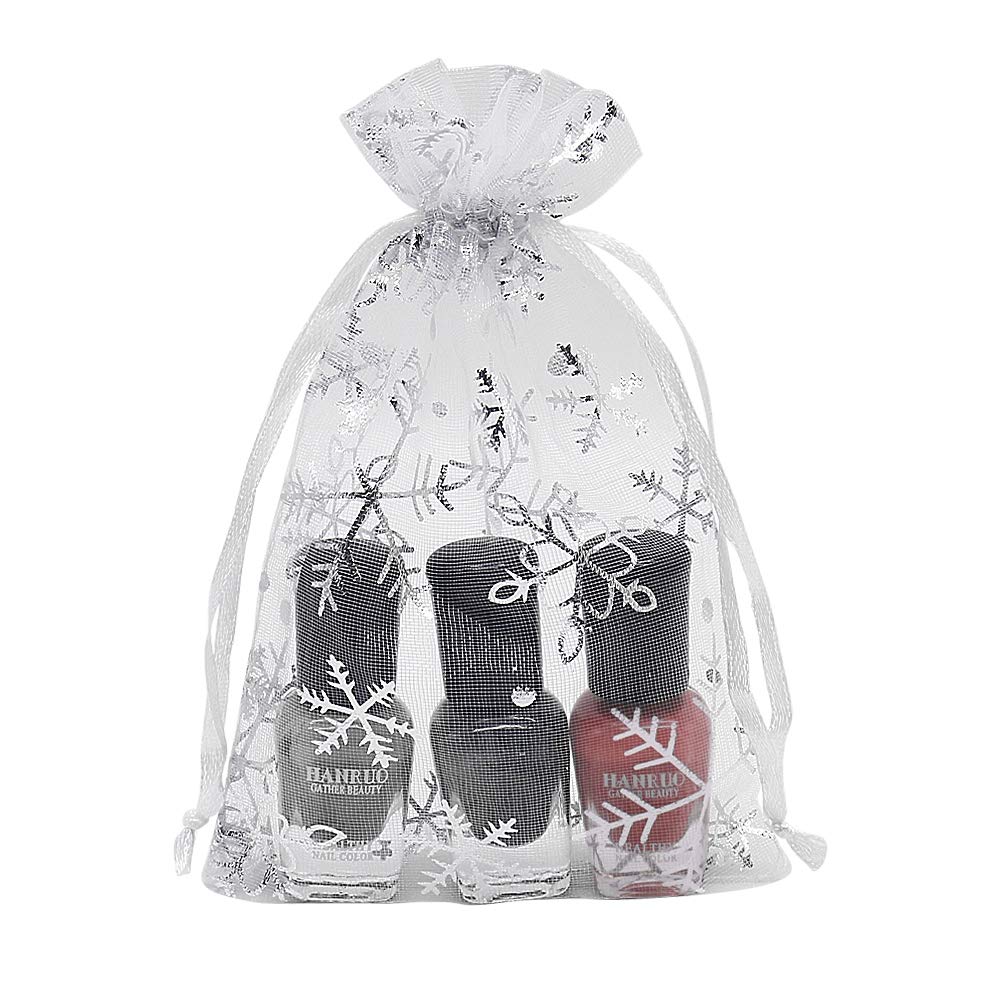 HRX Package 100pcs Snowflake Organza Gift Bags Christmas 4x6 inch, Small White Mesh Jewelry Pouches Little Drawstring Candy Bags