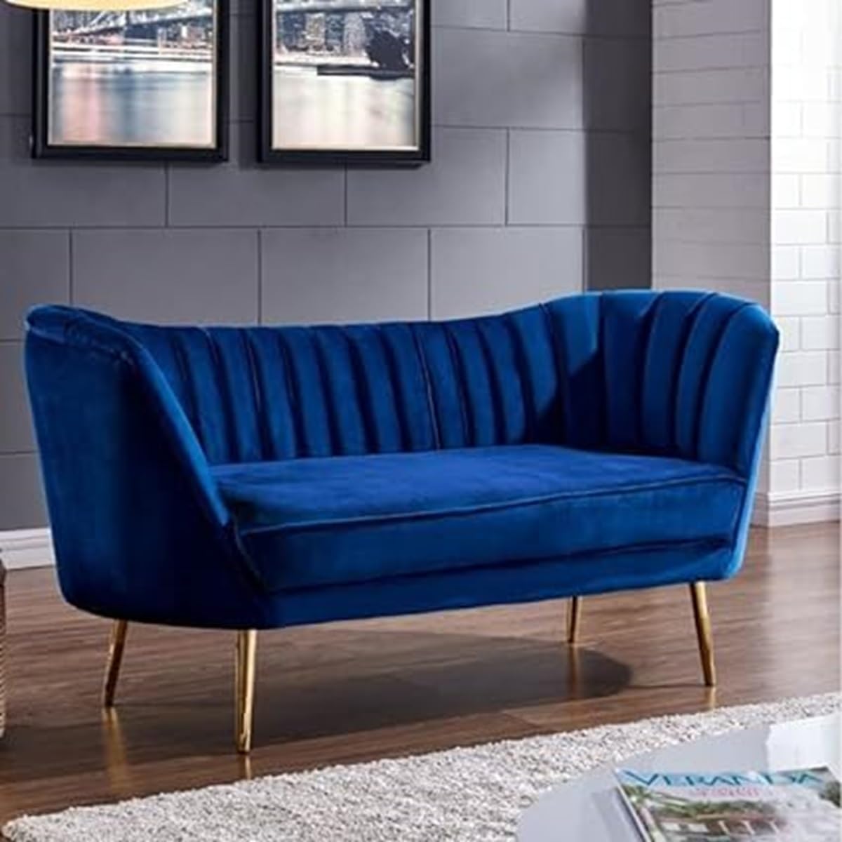 Comfynest Chesterfield Sofa 2 Seater in Blue Velvet with Golden Metal Legs Mid-Century Modern Elegance Button Tufted Design Luxury Loveseat for Living Room