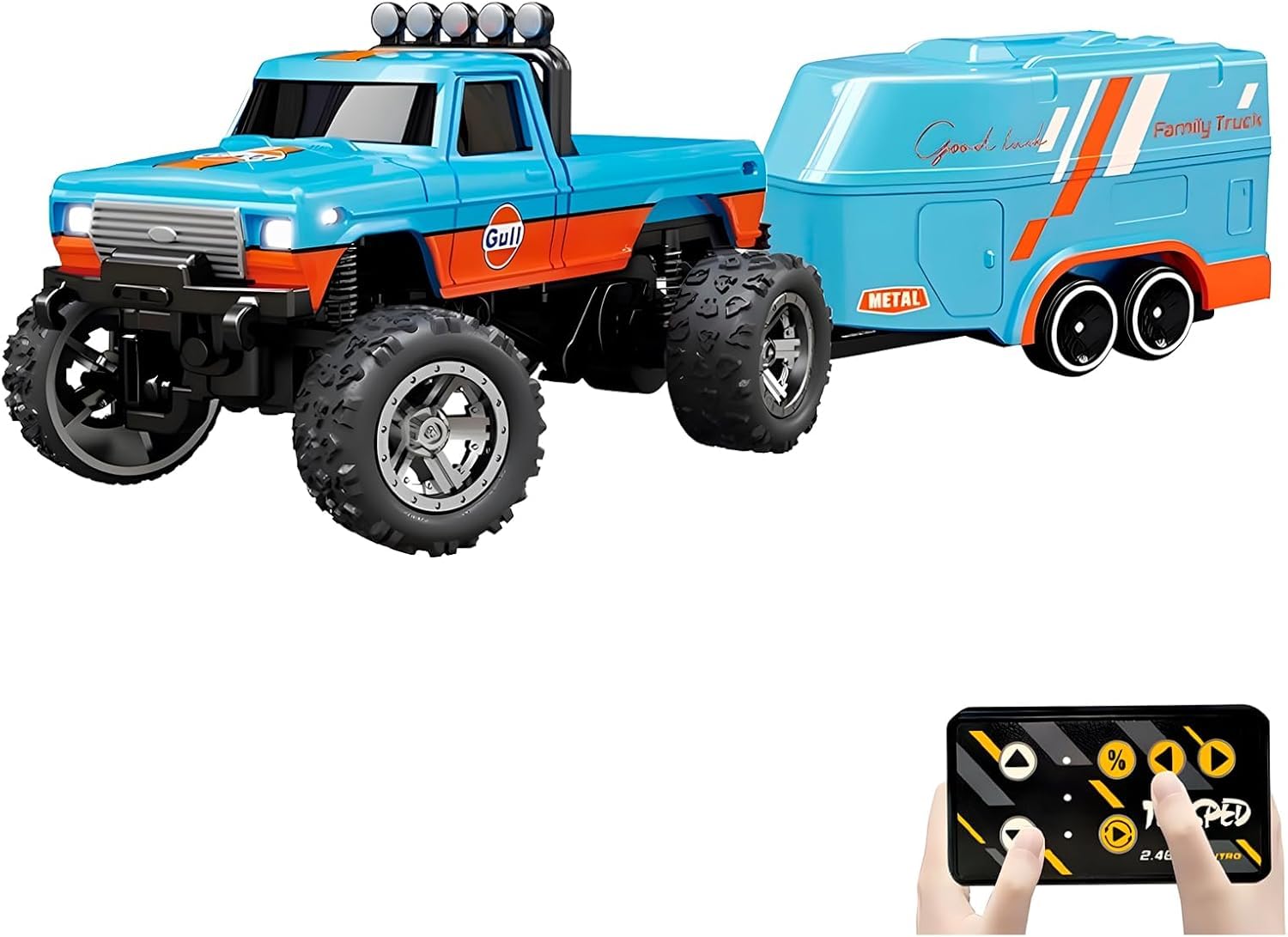 Mini RC Monster Truck - 1:64 Scale Monster Truck with Lights, Rechargeable Remote Control Semi Truck with Trailer, Mini Rc Alloy Monster Truck, Adjustable Speed/Steering (Blue)