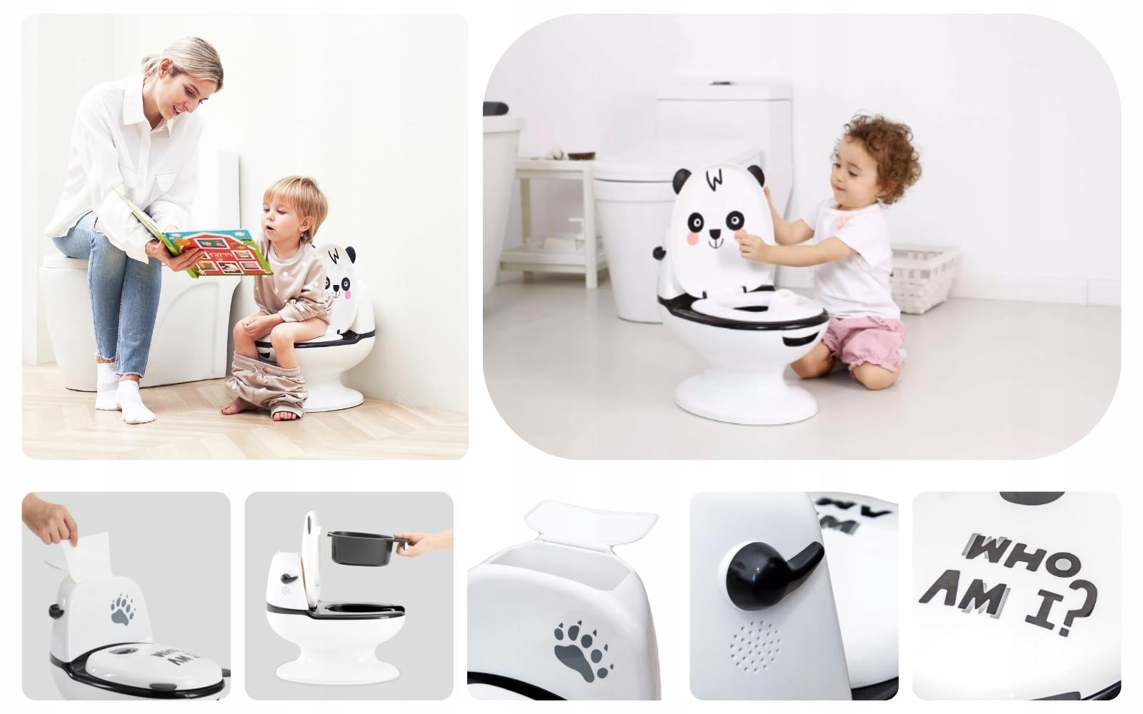 Primabobo Interaktiver Kindertopf PANDA mit Spülgeräusch, Lerntöpfchen für Kinder mit herausnehmbarem Einsatz, Deckel und Rückenlehne, ergonomischer Toilettentrainer ab 18 Monaten