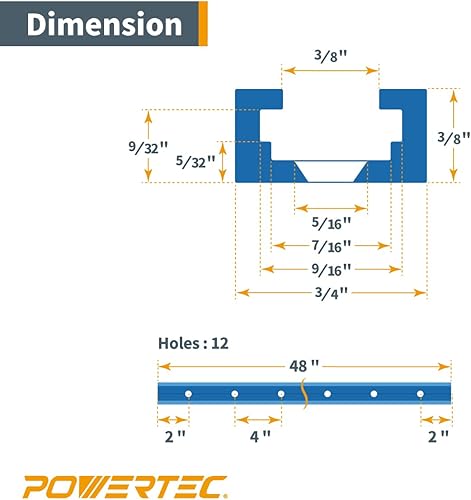 Miniatura 5 de POWERTEC 71158-P3 - Pista universal en T de 48 pulgadas, perfil de doble corte con orificios de montaje preperforados, paquete de 6