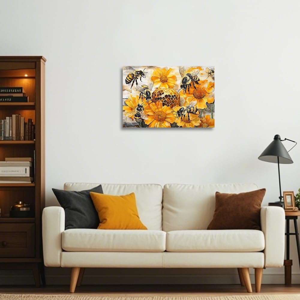 YMXZHUANSH Bee Happy Wall Art Honeybee & Floral Paintings Garden Canvas Print Picture Nature Decor for Living Room Bedroom Sunroom 12x18inch (30x45cm)