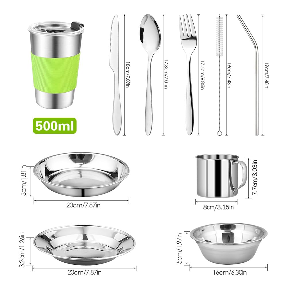 Gohytal Set di posate da campeggio, set di 10 posate da campeggio, portatili, in acciaio inox con cucchiaio, piatto, ciotola, cucchiaio, tazza, ultraleggero, pentole e accessori per il campeggio
