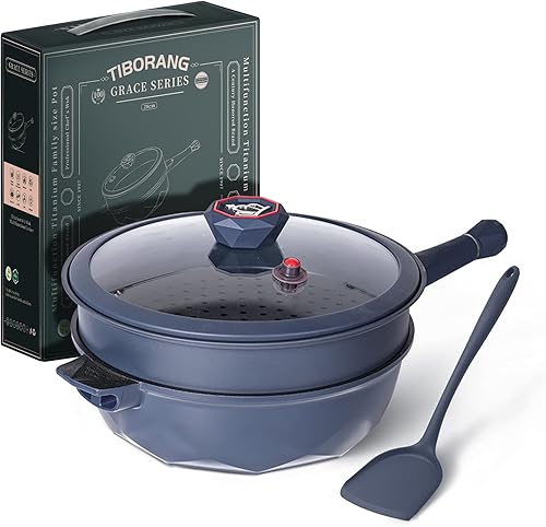 Miniatura 14 de TIBORANG Sartén antiadherente, wok grande de 5 cuartos, sartén profunda con tapa, mango que no se calienta, rejilla para vapor, libre de PFOA, apta
