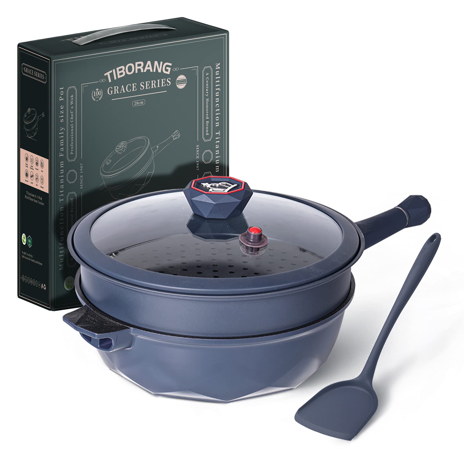 TIBORANG 8 in 1 Multipurpose 11 Inch 5 Quart Heat Indicator Nonstick Deep Frying Pan with Glass Lid, Stay-cool Handle, Steamed Grid, PFOA-Free,Dishwasher&Oven Safe,Works with All Stovetops(Navy Blue)