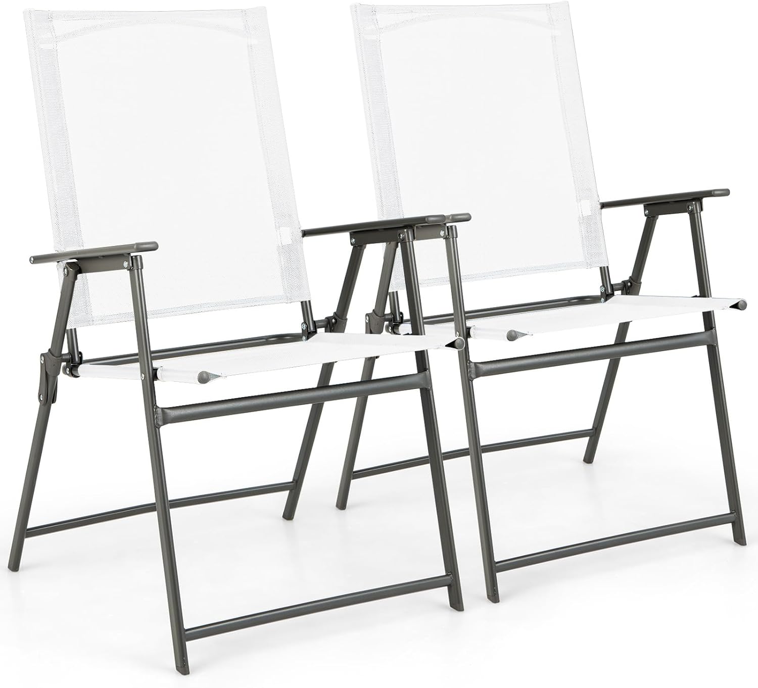 Tangkula Set of 2 Patio Folding Chairs, High Back Dining Chairs with Weather-Resistant Fabric, No Assembly, Outdoor Portable Metal Lawn Chairs with Armrests & Footrest for Garden (White)