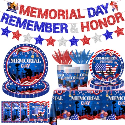 Memorial Day Decorations Tableware-Veterans Day Plates and Napkins,177Pcs Patriotic Tableware Set for 24 Guests - Memorial Day Party Supplies with Thank You Soldiers Design