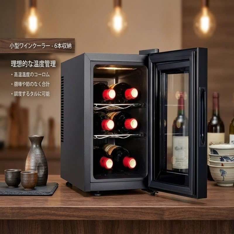 コンプレッサー式ワインセラー 6本入り 薄型スリム 庫内LED 省エネ 静音 自宅用業務用兼用 ひとり暮らしに最適 Javrynx (6本入り,ブラック) - 2