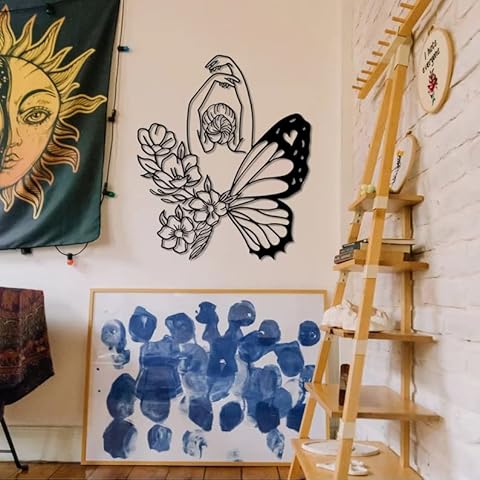 NORTH KAISER Butterfly Metal Wall Decor, Flowers Wall Art, Woman Wall Hanging, Black Sculpture, Aestetick Design for Home Decorations (23.6'' x 20.1'' / 60 x 50 cm) Cover