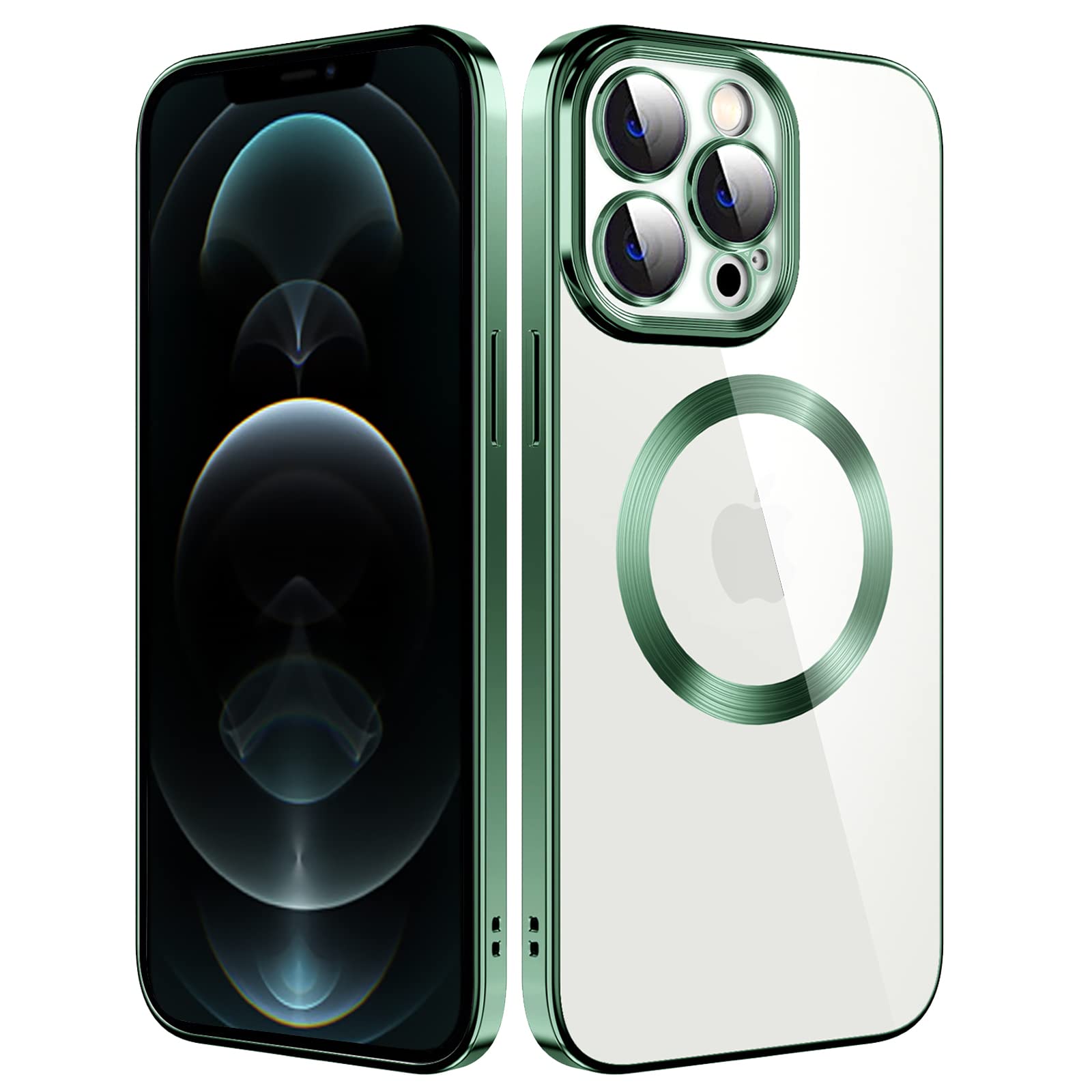 Magnetic Clear Case for iPhone 12 Pro Max Compatible with MagSafe Wireless Charging Military Drop Protection Shockproof Protective Slim Thin Transparent Phone Cover for iPhone 12 Pro Max-Green