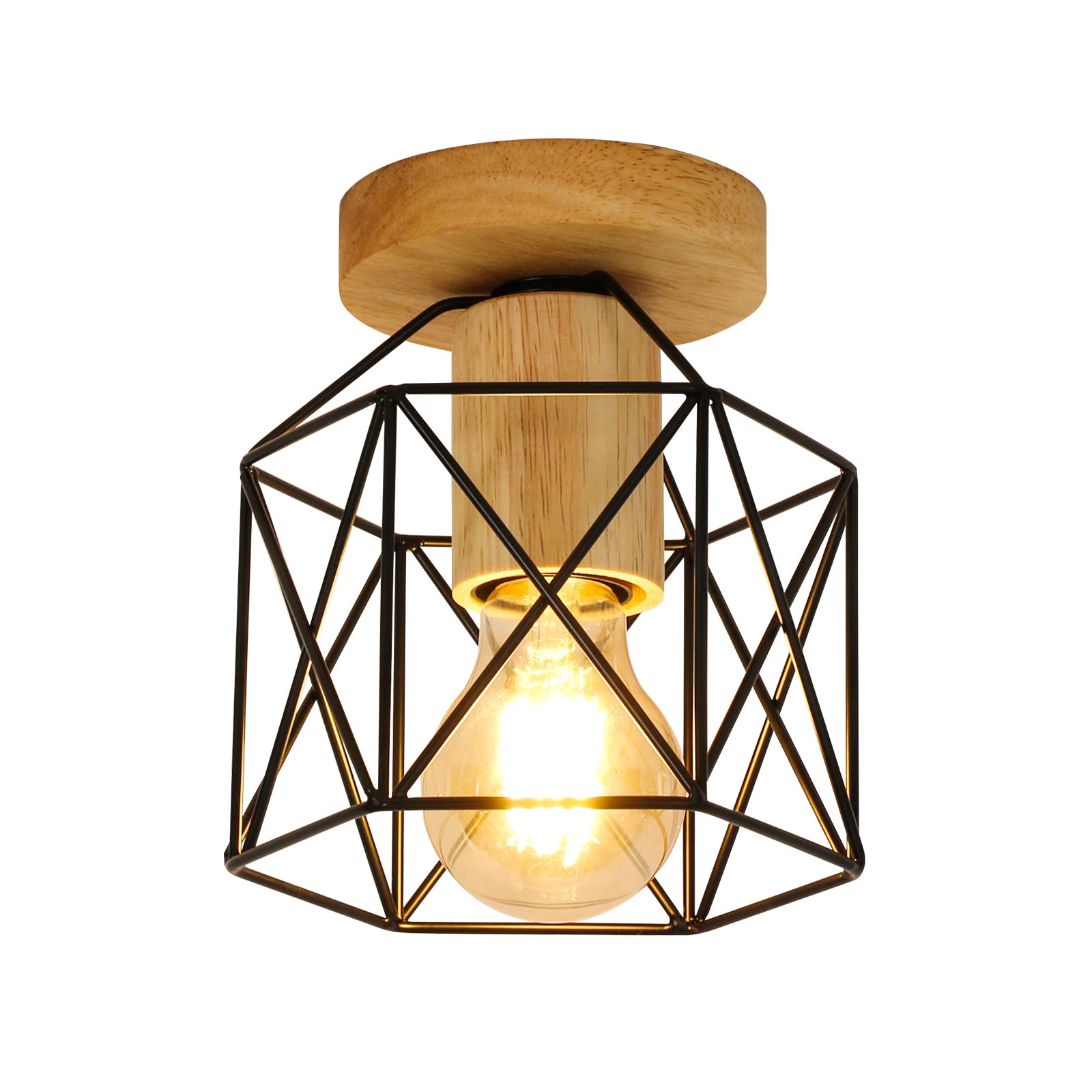 Goeco Deckenleuchte Industrial, Vintage Deckenlampe in Form Eines Sechseckigen Käfigs mit Holzsockel, E27-Fassung, Retro Pendelleuchte Lampenschirm für Flur, Balkon und Speisesaal, 14 CM