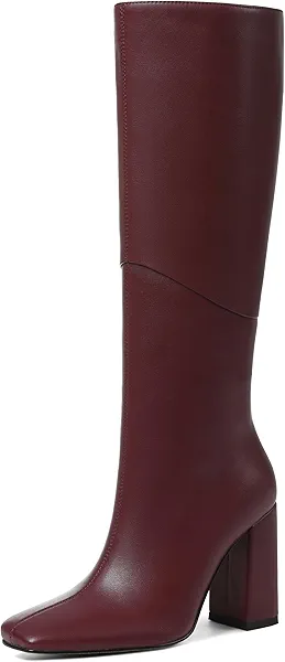 VOMIRA Knee High Boots Women Square Toe Chunky High Heel Wide Calf Boots with Zipper Fall Winter Leather Burgundy Boots