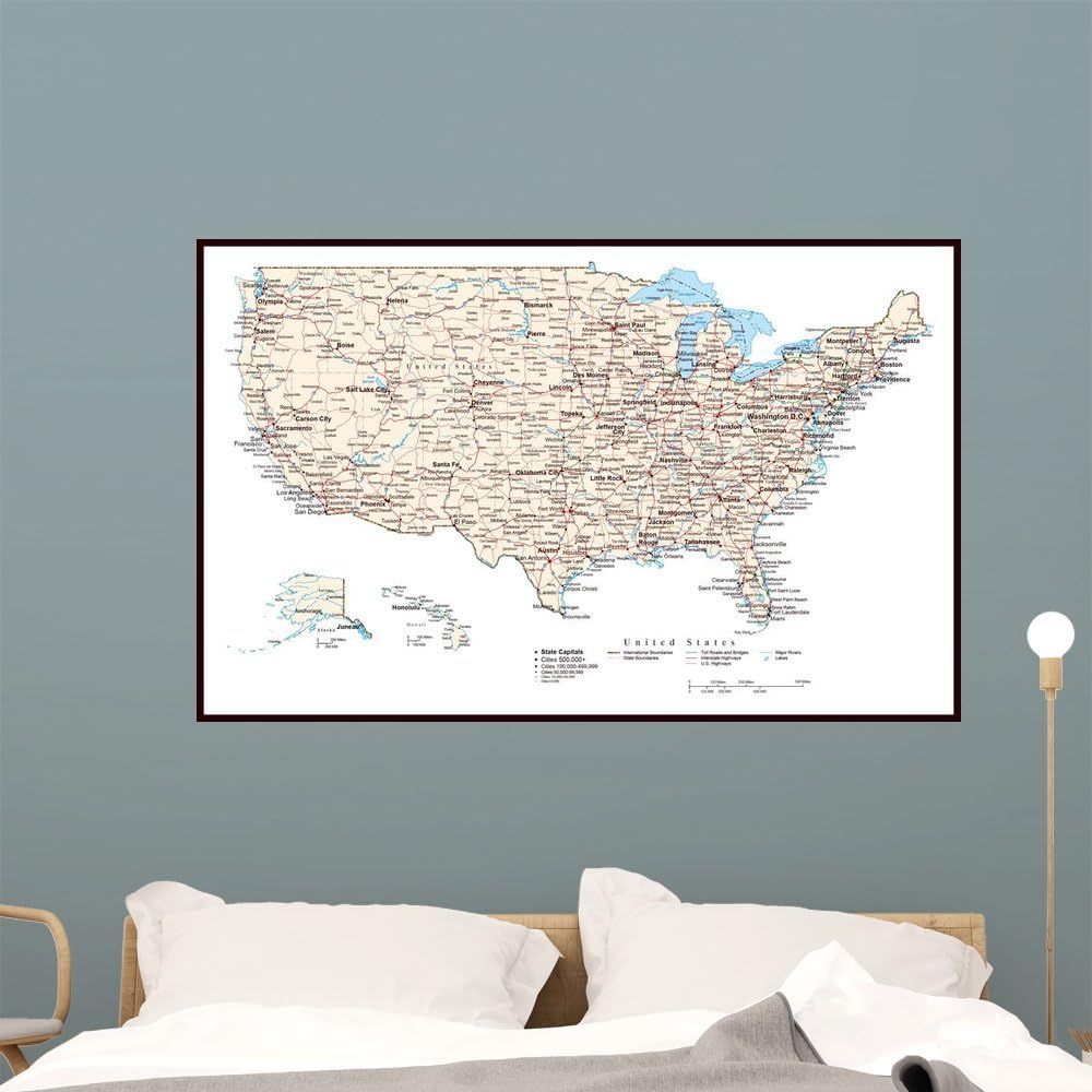 Wallmonkeys United States America Map Wall Mural Peel and Stick Graphic (48 in W x 30 in H) WM142054