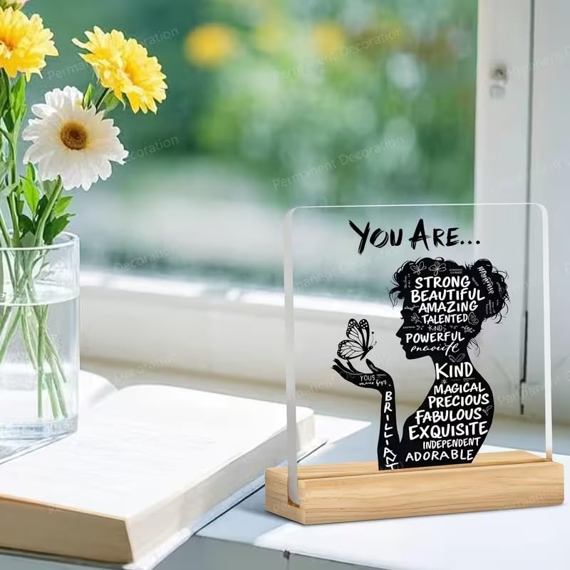 Image of SNAPTRAP You Are Strong Beautiful Acrylic Plaque with Wooden Base | Motivational Gift for Women Girls | Self Love Affirmation Desk Decor | Inspirational Gift for Her | Birthday, Friendship Gifts
