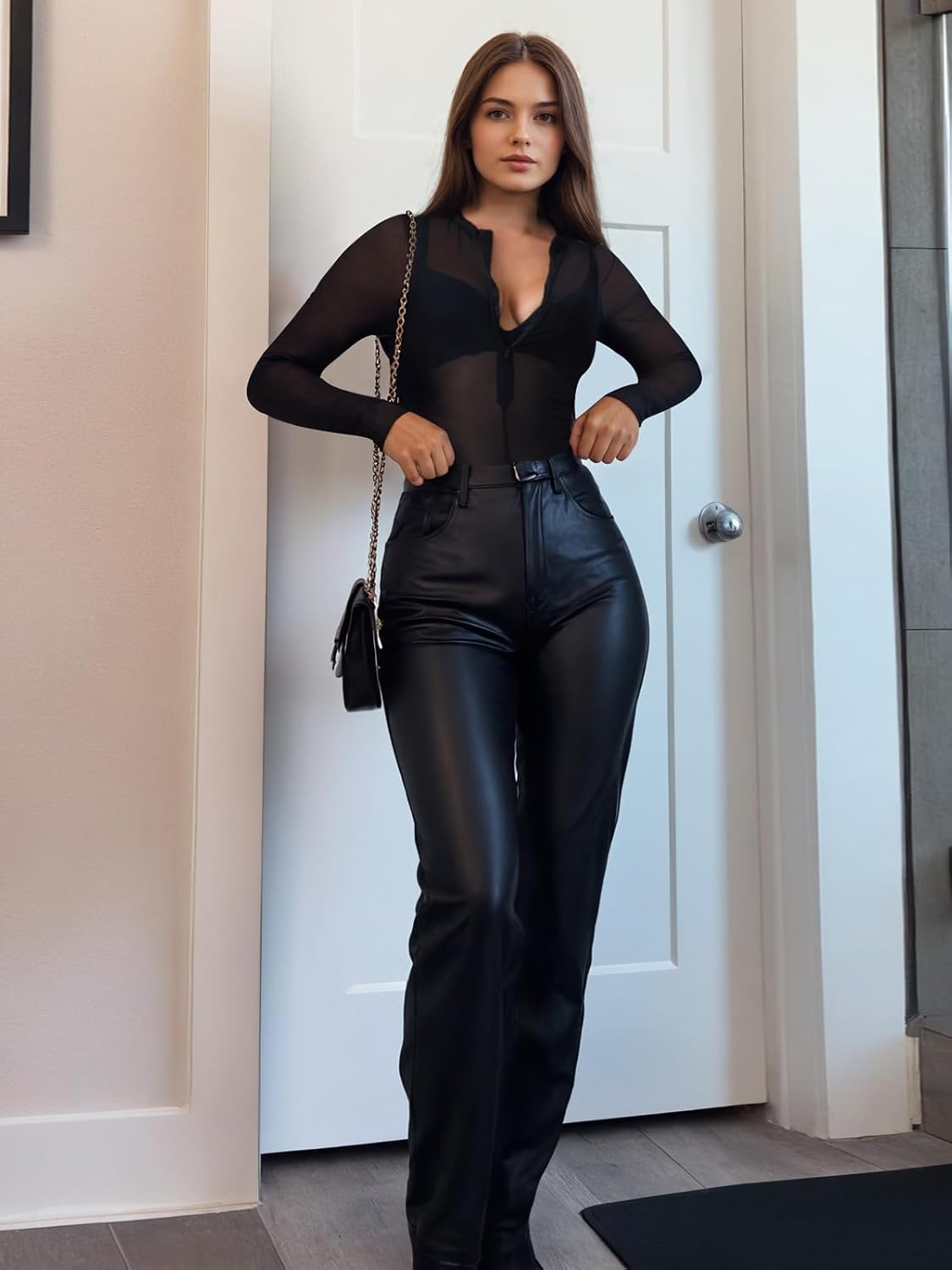 Kepblom Women's Sheer Mesh Bodysuit Sexy Zip Front Long Sleeve See Through Leotard - Image 4